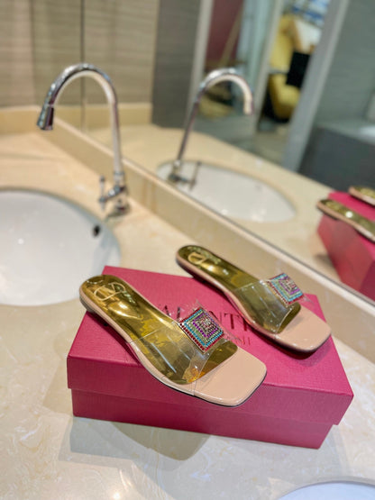 VALENTINO 26S FLAT SLIDES IN NUDE MIX GOLD LAMBSKIN WITH CRYSTAL