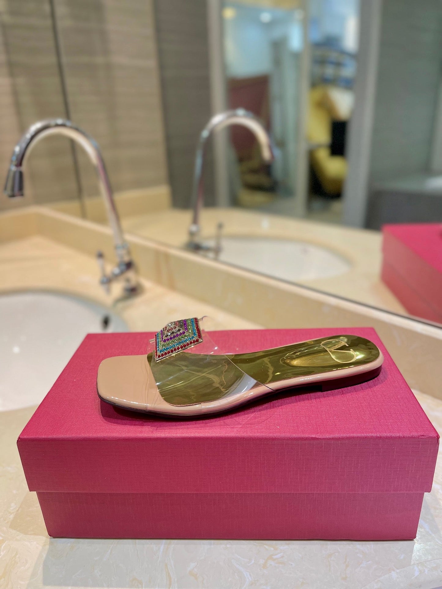 VALENTINO 26S FLAT SLIDES IN NUDE MIX GOLD LAMBSKIN WITH CRYSTAL