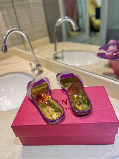 VALENTINO 26S FLAT SLIDES IN PURPLE MIX GOLD LAMBSKIN WITH CRYSTAL