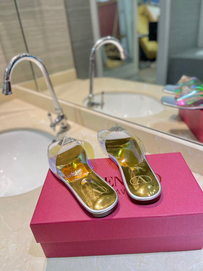 VALENTINO 26S FLAT SLIDES IN SILVER MIX GOLD LAMBSKIN WITH CRYSTAL