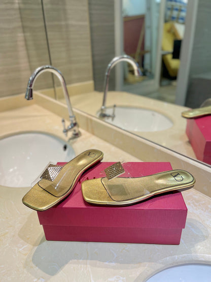 VALENTINO 26S FLAT SLIDES IN GOLD LAMBSKIN WITH CRYSTAL