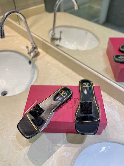 VALENTINO 26S FLAT SLIDES IN BLACK LAMBSKIN WITH CRYSTAL