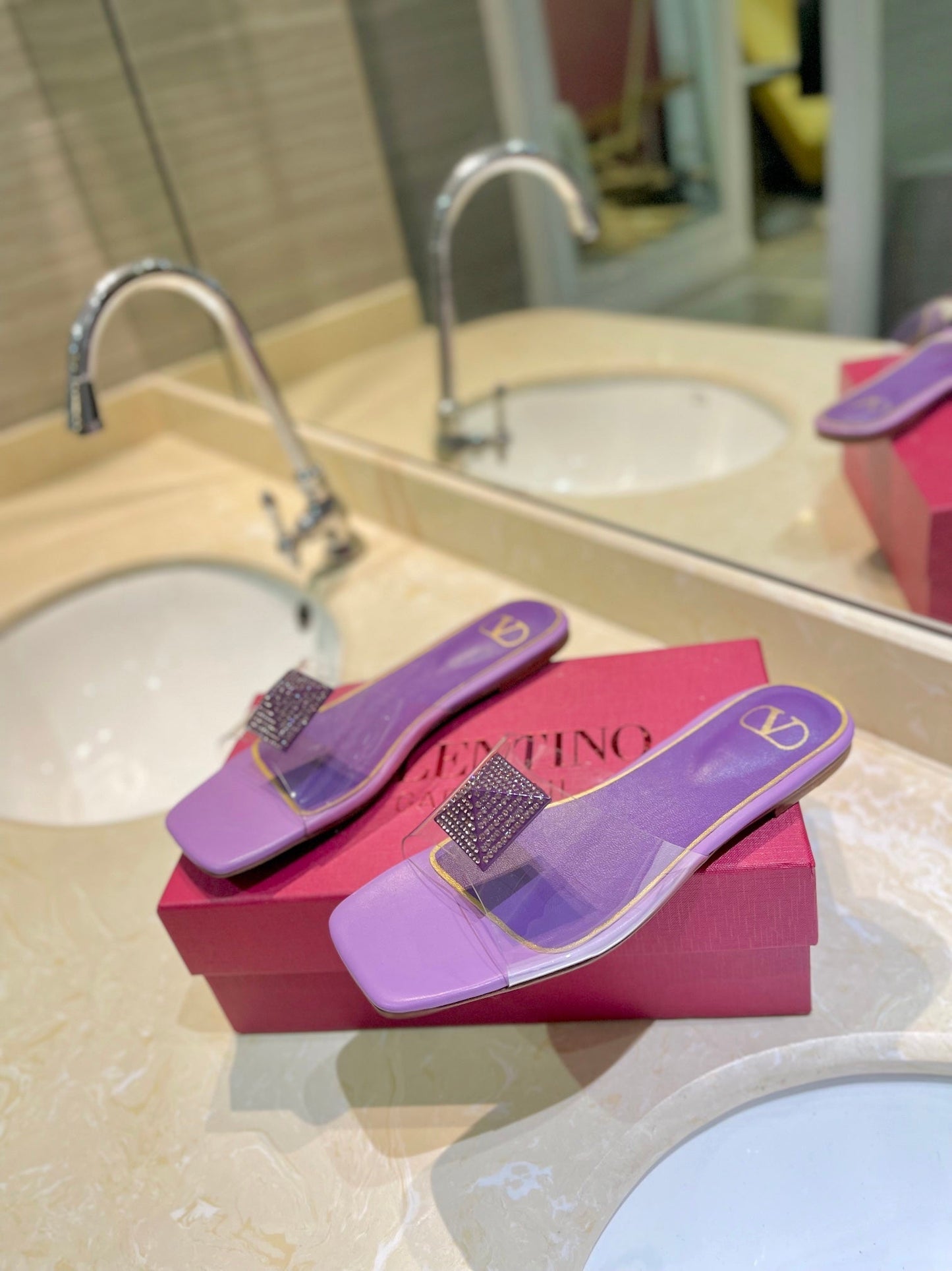 VALENTINO 26S FLAT SLIDES IN PURPLE LAMBSKIN WITH CRYSTAL