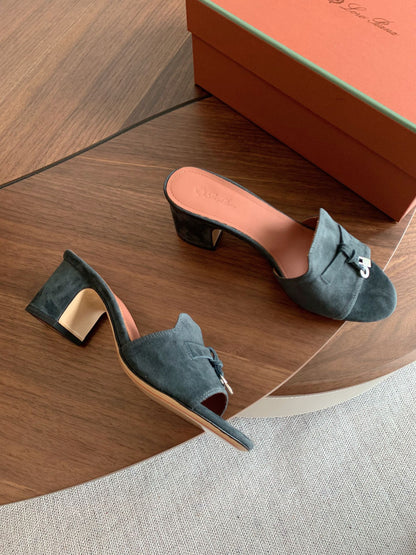 LP 26S SUMMER MULE HEELS 60MM IN DARK GREY SUEDE GOLD HARDWARE