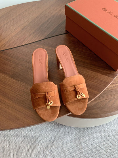 LP 26S SUMMER MULE HEELS 60MM IN CARAMEL BROWN SUEDE GOLD HARDWARE