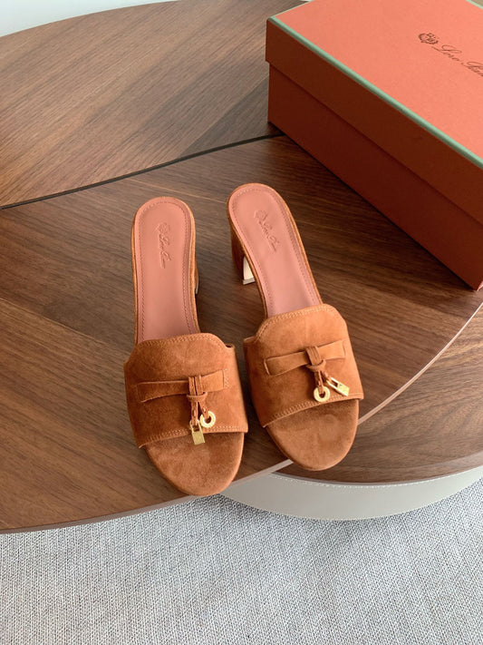 LP 26S SUMMER MULE HEELS 60MM IN CARAMEL BROWN SUEDE GOLD HARDWARE