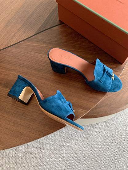 LP 26S SUMMER MULE HEELS 60MM IN DARK BLUE SUEDE GOLD HARDWARE