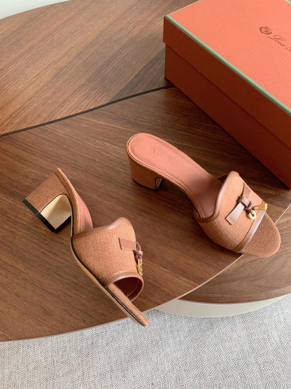 LP 26S SUMMER MULE HEELS 60MM IN DUSTY ROSE BROWN CANVAS AND CALFSKIN GOLD HARDWARE