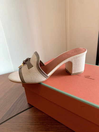 LP 26S SUMMER MULE HEELS 60MM IN BEIGE CANVAS AND TAUPE BROWN CALFSKIN GOLD HARDWARE