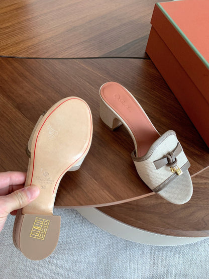 LP 26S SUMMER MULE HEELS 60MM IN BEIGE CANVAS AND TAUPE BROWN CALFSKIN GOLD HARDWARE