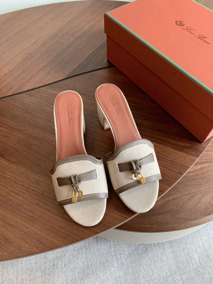 LP 26S SUMMER MULE HEELS 60MM IN BEIGE CANVAS AND TAUPE BROWN CALFSKIN GOLD HARDWARE