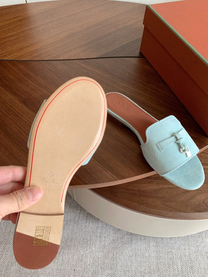 LP 26S SUMMER CHARMS SLIDES IN MINT BLUE SUEDE SILVER HARDWARE