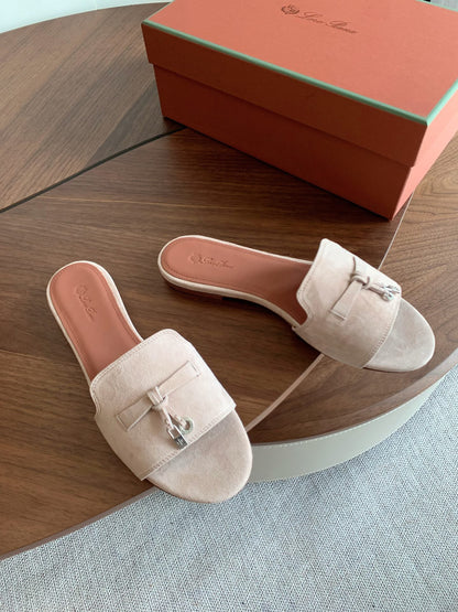 LP 26S SUMMER CHARMS SLIDES IN LIGHT GREY SUEDE GOLD HARDWARE