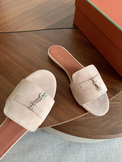 LP 26S SUMMER CHARMS SLIDES IN LIGHT GREY SUEDE GOLD HARDWARE