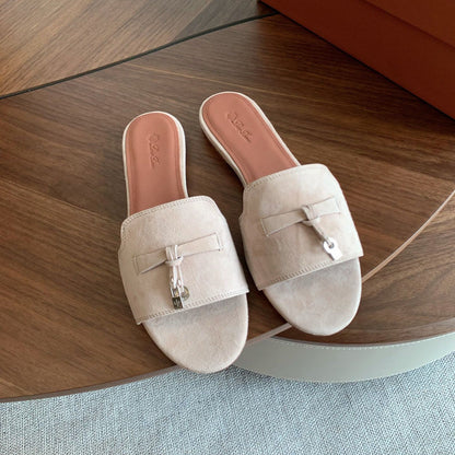 LP 26S SUMMER CHARMS SLIDES IN LIGHT GREY SUEDE GOLD HARDWARE