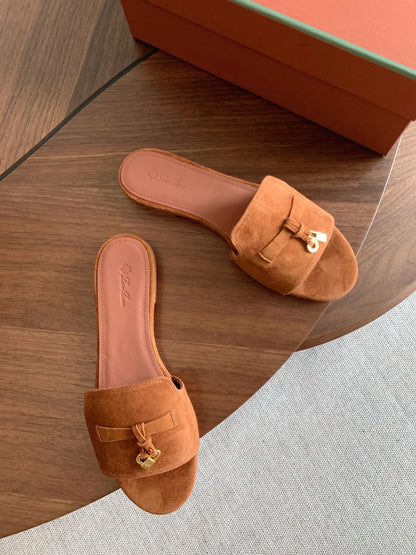 LP 26S SUMMER CHARMS SLIDES IN CARAMEL BROWN SUEDE GOLD HARDWARE