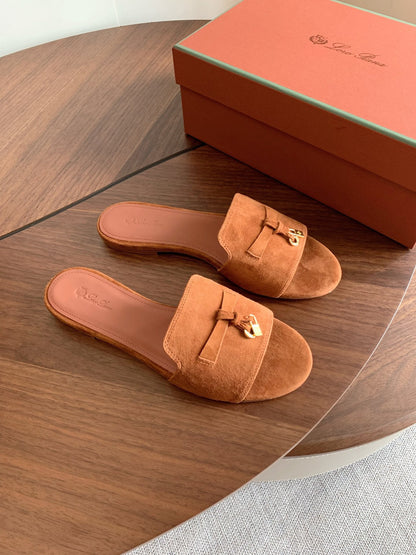 LP 26S SUMMER CHARMS SLIDES IN CARAMEL BROWN SUEDE GOLD HARDWARE