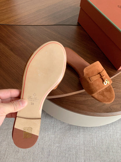 LP 26S SUMMER CHARMS SLIDES IN CARAMEL BROWN SUEDE GOLD HARDWARE