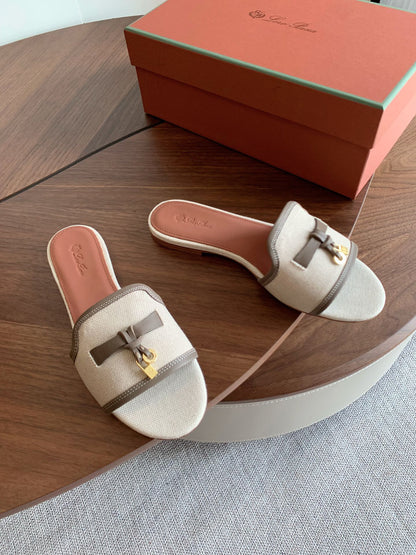 LP 26S SUMMER CHARMS SLIDES IN BEIGE CANVAS AND TAUPE BROWN CALFSKIN GOLD HARDWARE