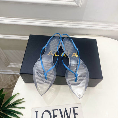 ALAIA 26S POINTED-TOE THONG SANDALS IN BLUE SATIN AND TRANSPARENT PVC