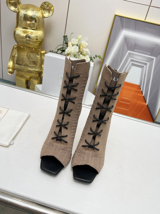 BALMAIN 26S LACE UP OPEN TOE BOOTS 95 MM IN GRAYISH BROWN FLYKNIT