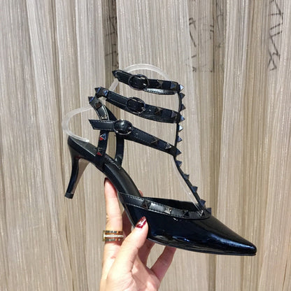 HIGH HEEL SANDAL FULL BLACK LAMBSKIN WITH STUDS