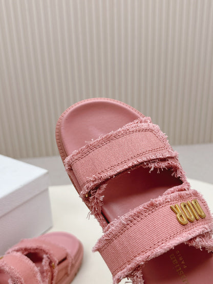 DIOR CLASSIC DOUBLE-STRAP SLIDES 25S IN PEACHY PINK DENIM AND CALFSKIN